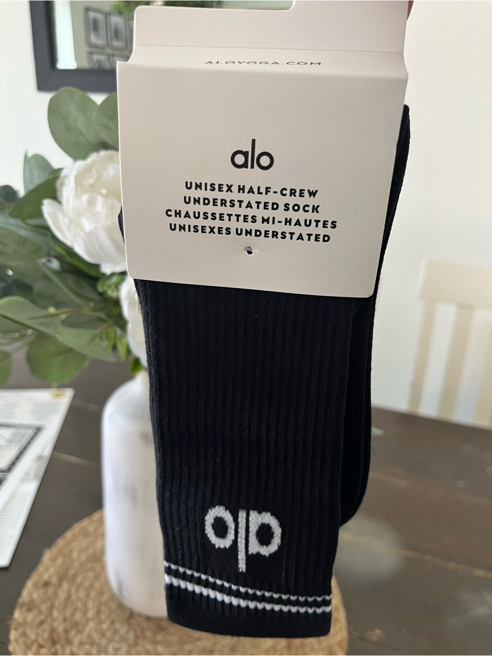 ALO Yoga Black Unisex Half-Crew Athletic Socks with White Logo